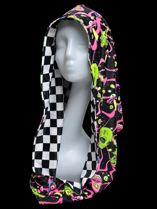 COSMIC DUALITY UV Reactive Reversible Infinity Festival Hood, edm clothing, alien hood, UV rave hood, festival wear, rave clothing